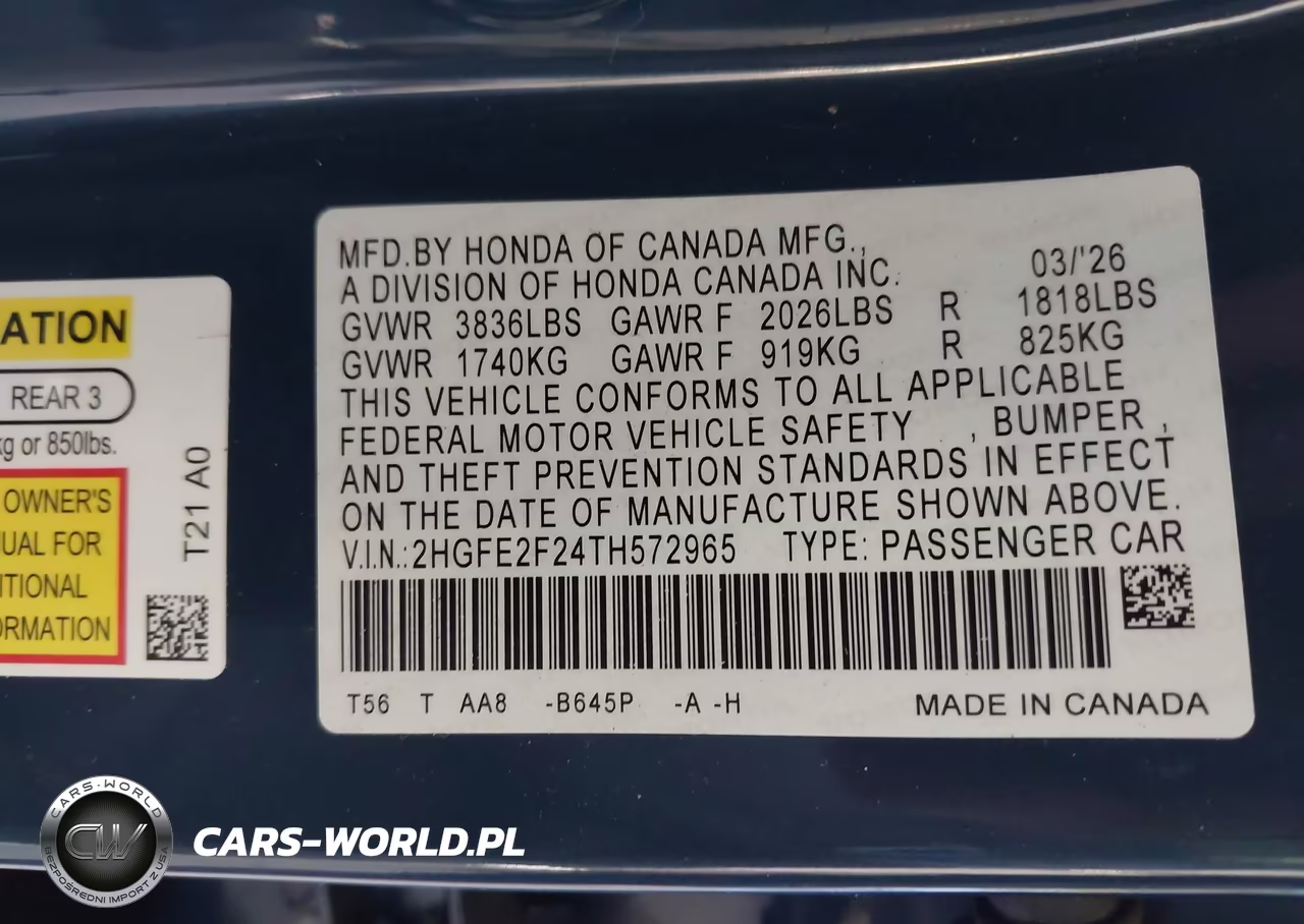 2026 Honda Civic Lx VIN:2HGFE2F24TH572965 - 9