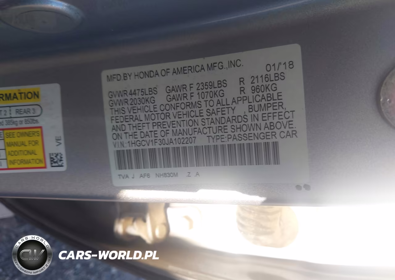 2018 Honda Accord Sport VIN:1HGCV1F30JA102207 - 9