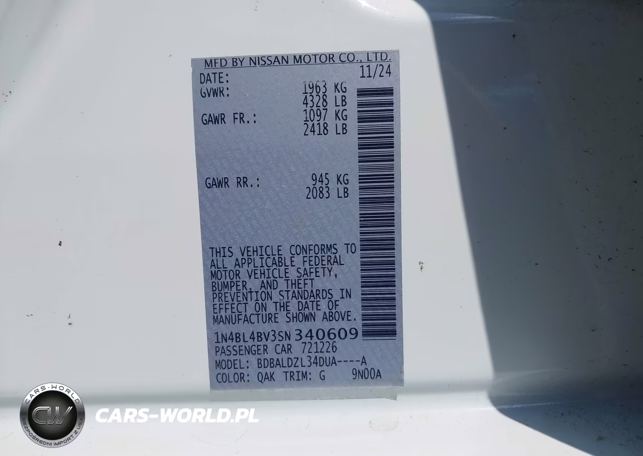 2025 Nissan Altima S Fwd VIN:1N4BL4BV3SN340609 - 9