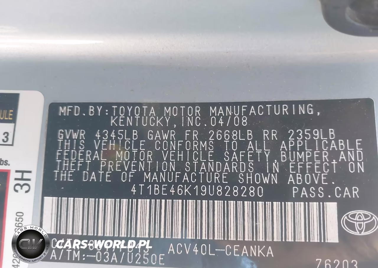2009 Toyota Camry Le VIN:4T1BE46K19U828280 - 9