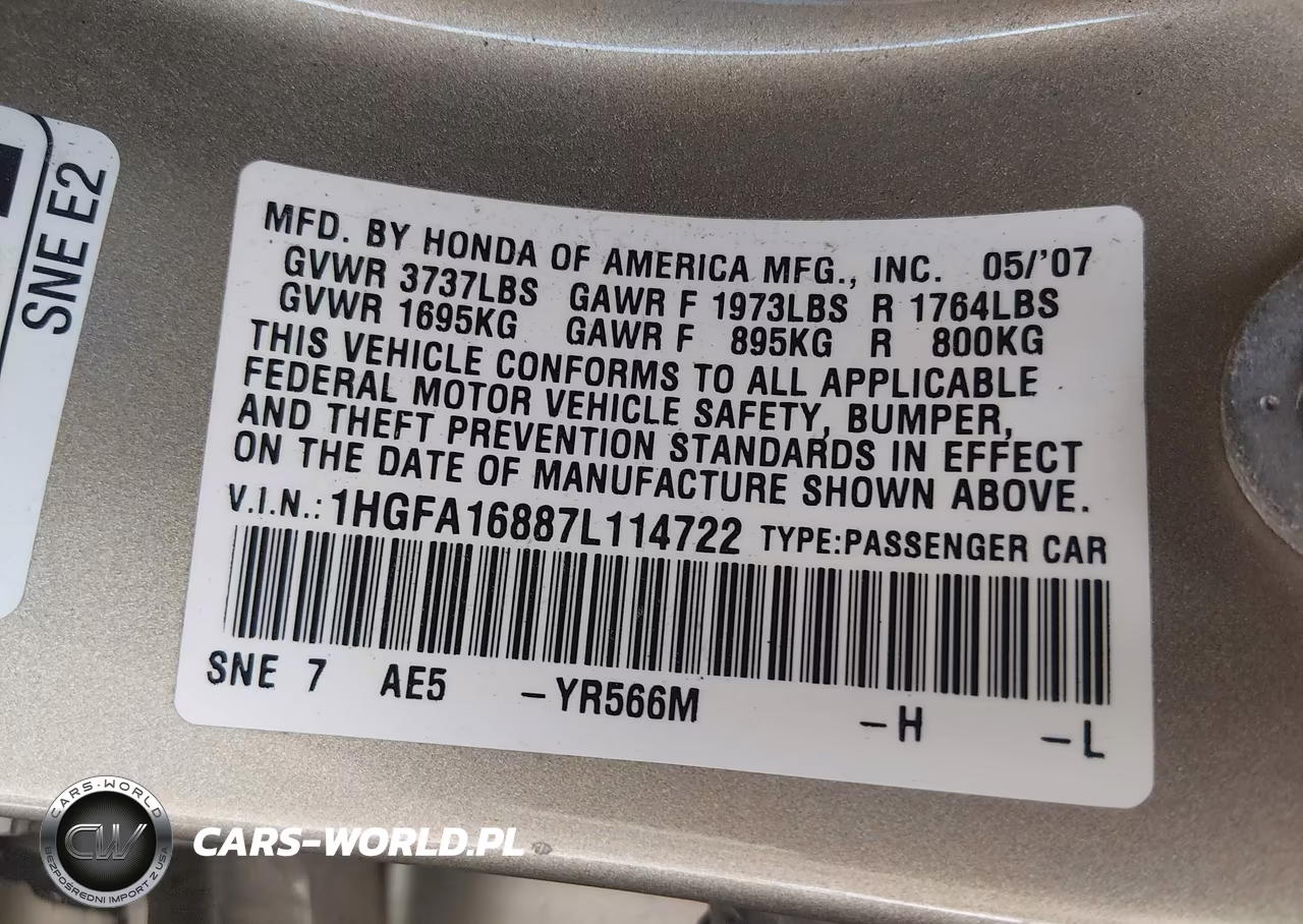 2007 Honda Civic Ex VIN:1HGFA16887L114722 - 9
