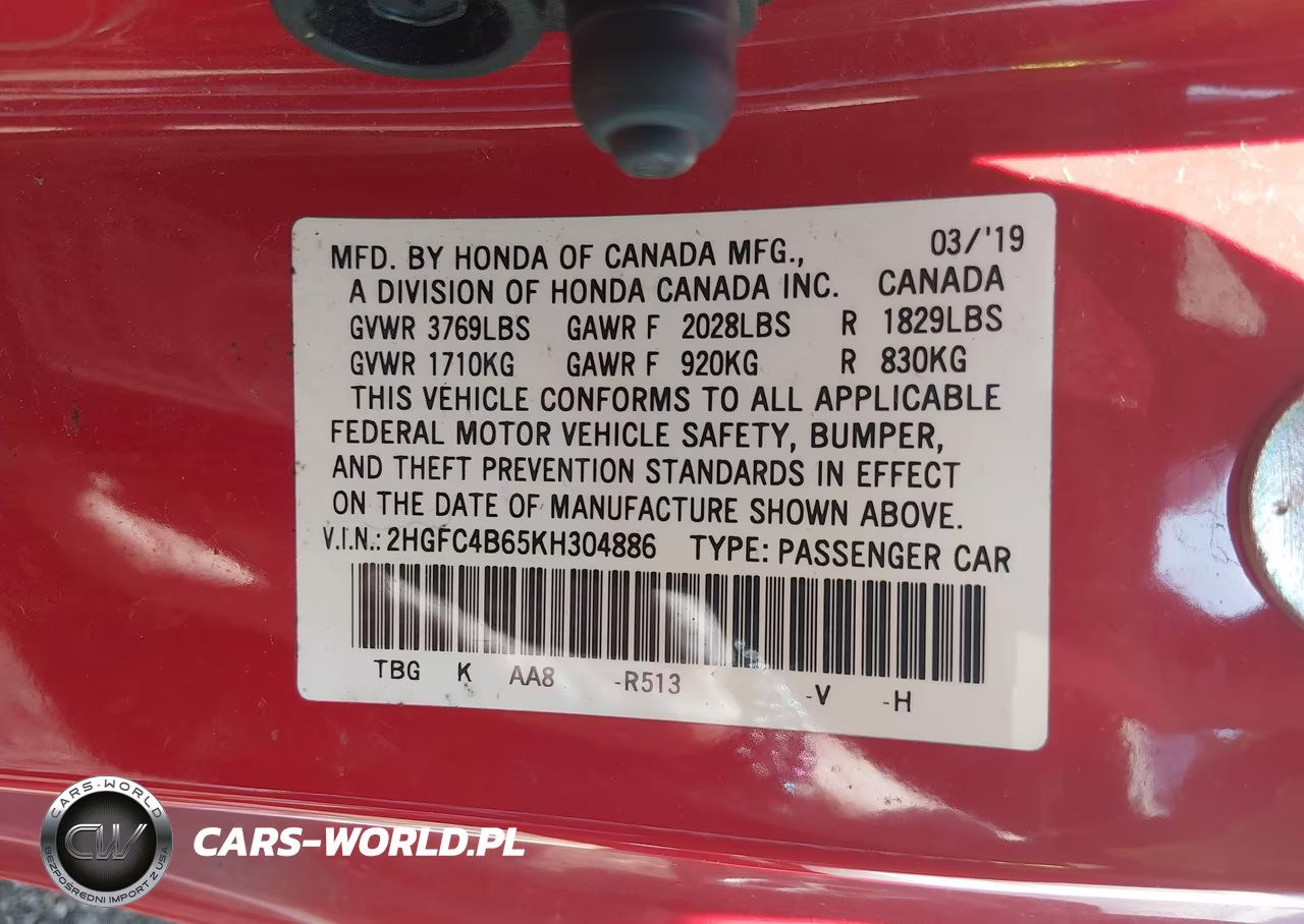 2019 Honda Civic Lx VIN:2HGFC4B65KH304886 - 9