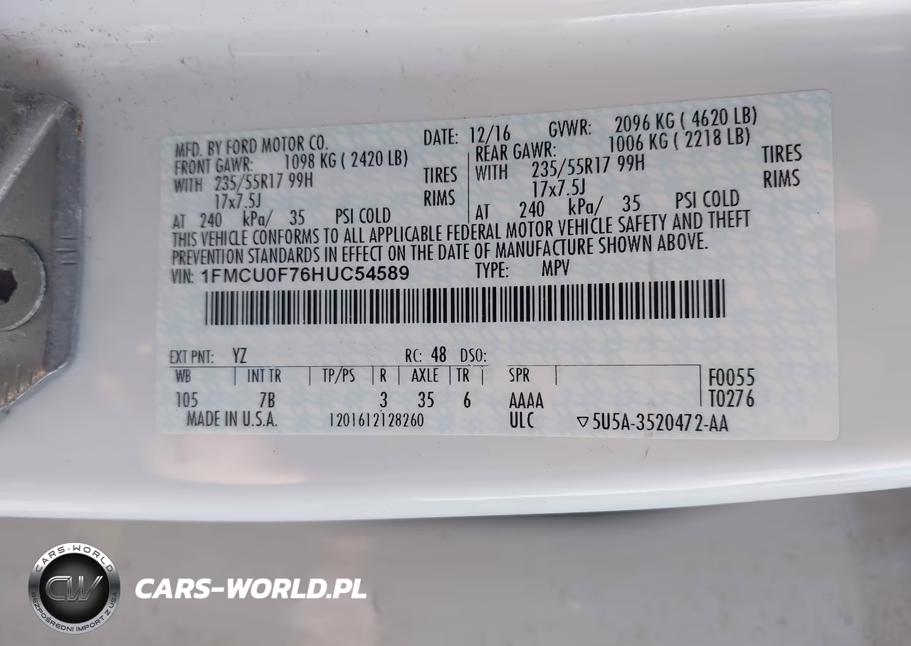 2017 Ford Escape S VIN:1FMCU0F76HUC54589 - 9
