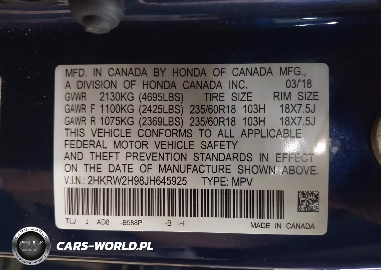 2018 Honda Cr-V Touring VIN:2HKRW2H98JH645925 - 9