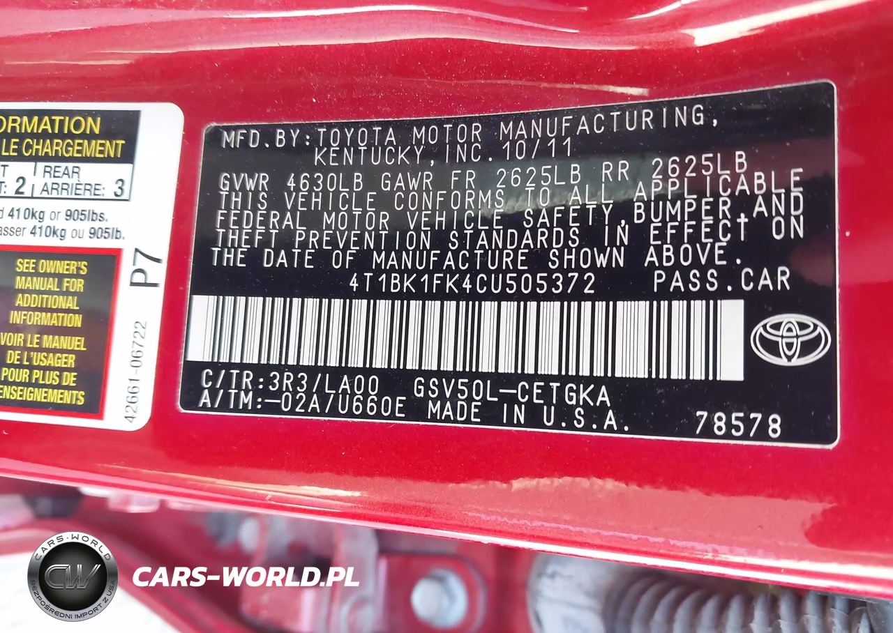 2012 Toyota Camry Xle V6 VIN:4T1BK1FK4CU505372 - 9