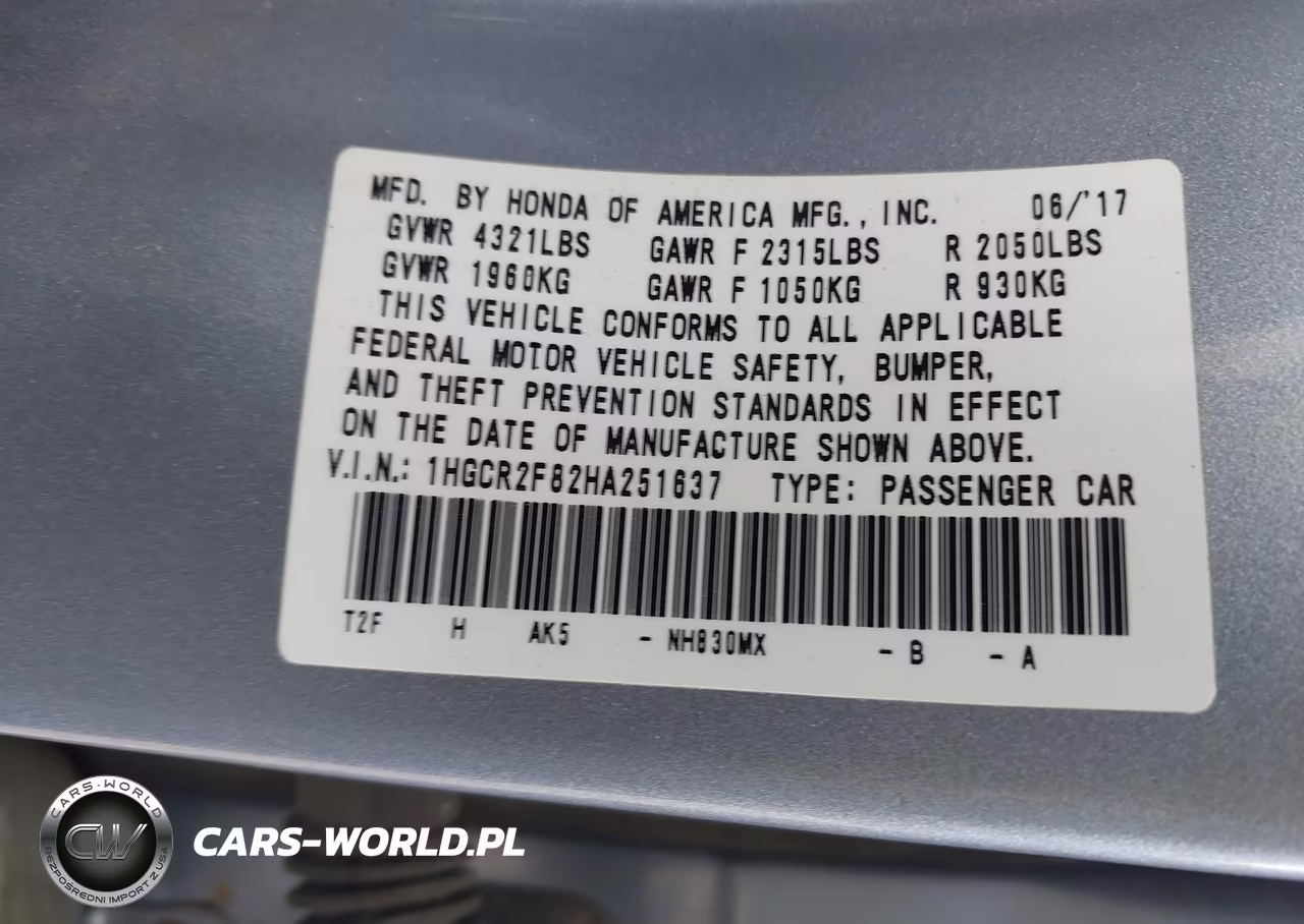 2017 Honda Accord Ex-L VIN:1HGCR2F82HA251637 - 9