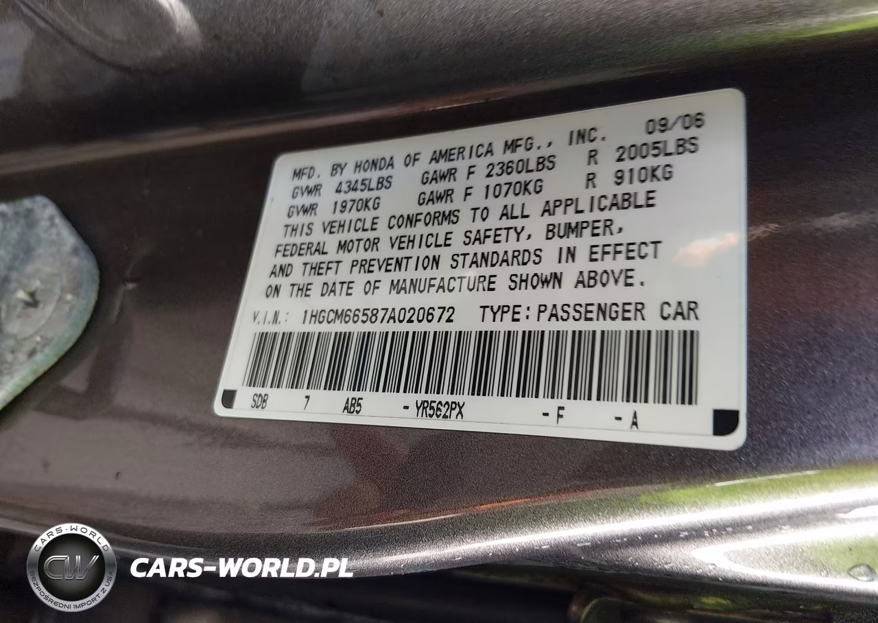 2007 Honda Accord 3.0 Ex VIN:1HGCM66587A020672 - 9