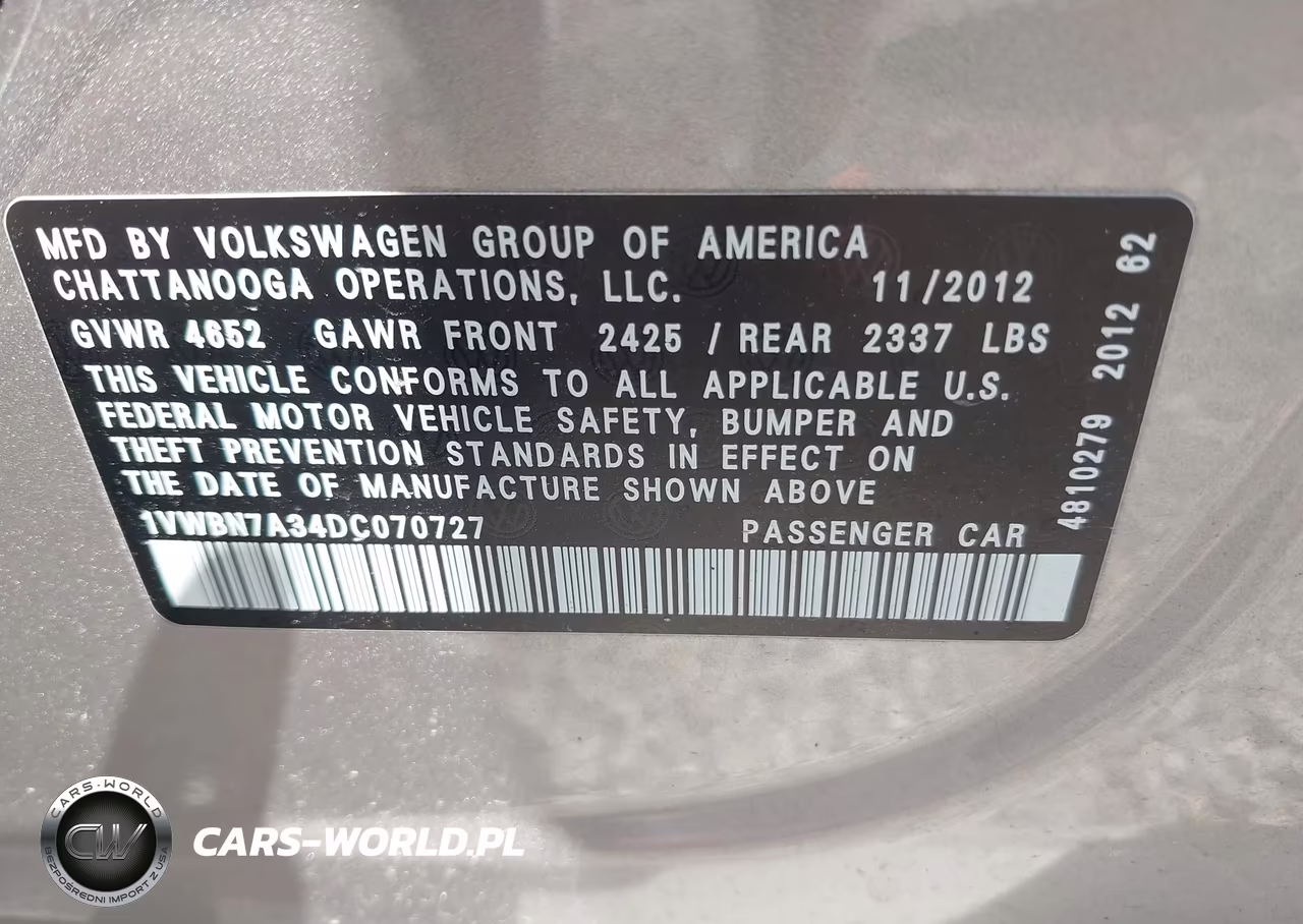 2013 Volkswagen Passat Se VIN:1VWBN7A34DC070727 - 9