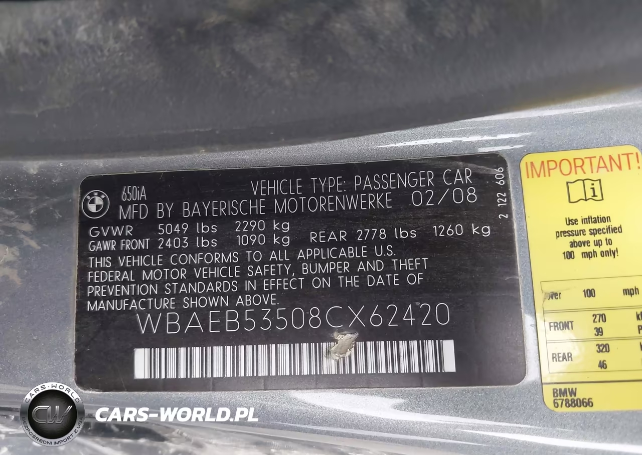 2008 BMW 650I VIN:WBAEB53508CX62420 - 9