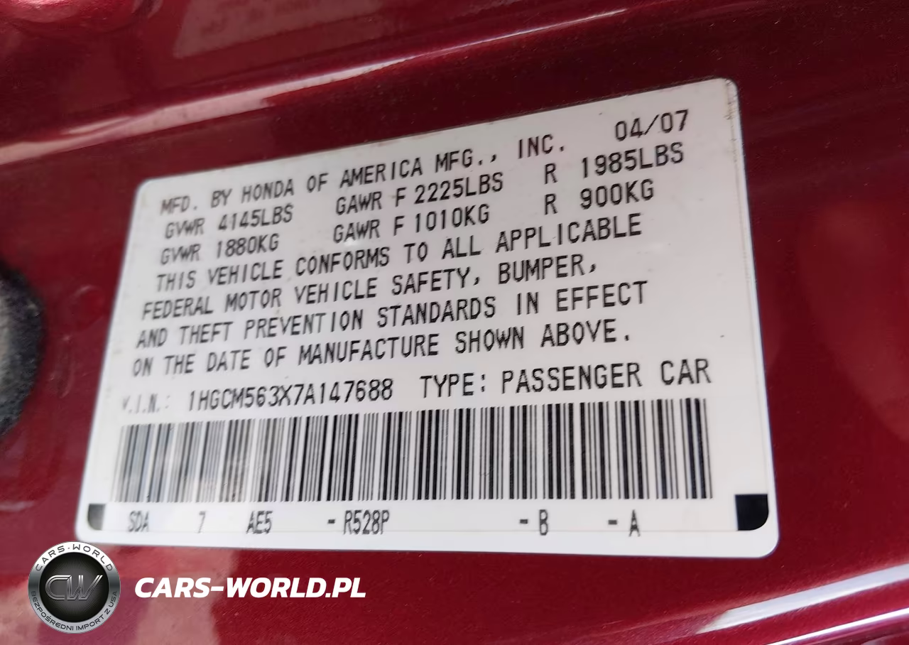 2007 Honda Accord 2.4 Se VIN:1HGCM563X7A147688 - 9