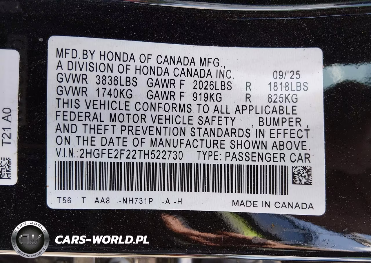 2026 Honda Civic Lx VIN:2HGFE2F22TH522730 - 9
