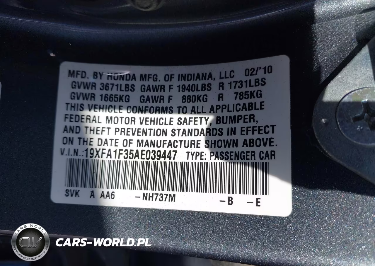 2010 Honda Civic Vp VIN:19XFA1F35AE039447 - 9
