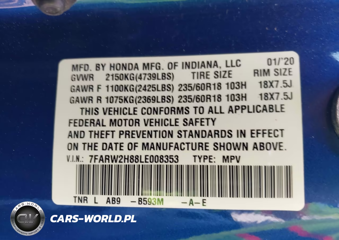 2020 Honda Cr-V Awd Ex-L VIN:7FARW2H88LE008353 - 9