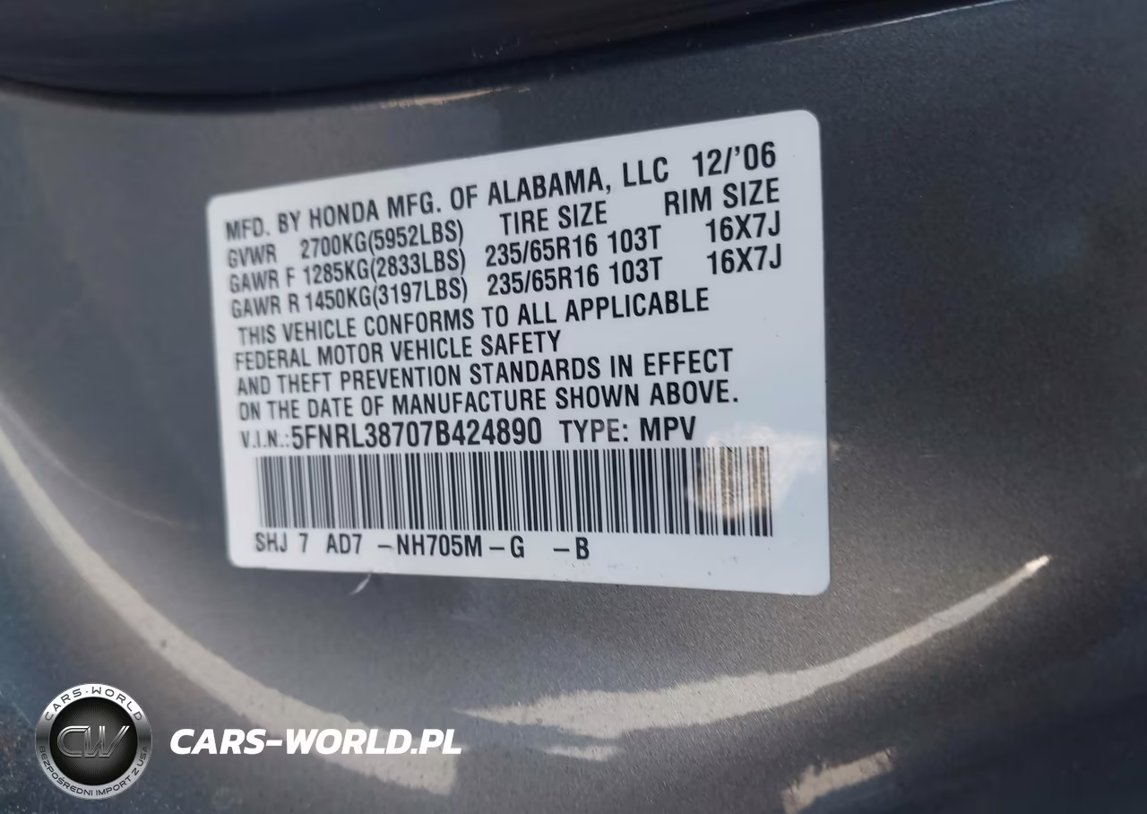 2007 Honda Odyssey Ex-L VIN:5FNRL38707B424890 - 9