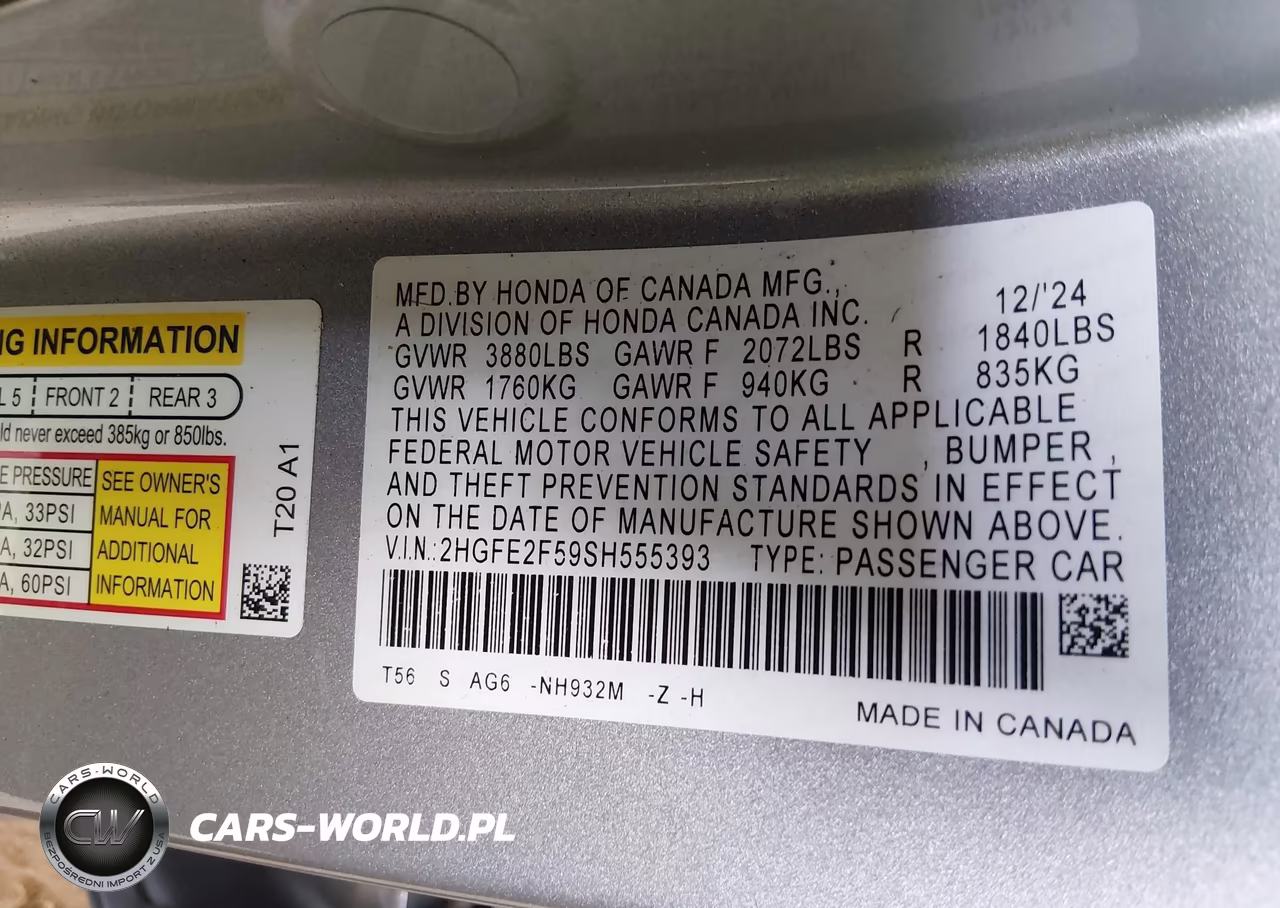 2025 Honda Civic Sport VIN:2HGFE2F59SH555393 - 9