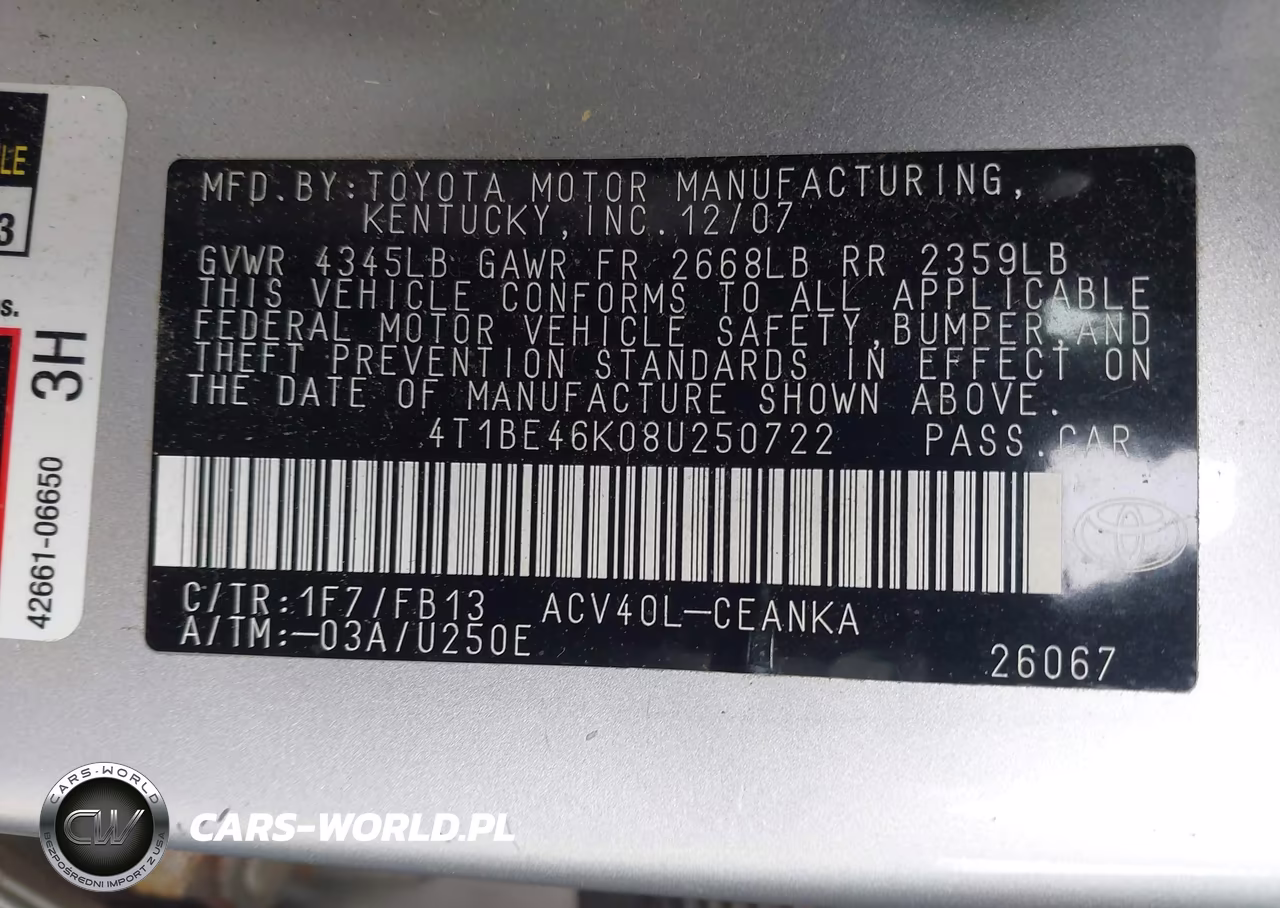 2008 Toyota Camry Le VIN:4T1BE46K08U250722 - 9