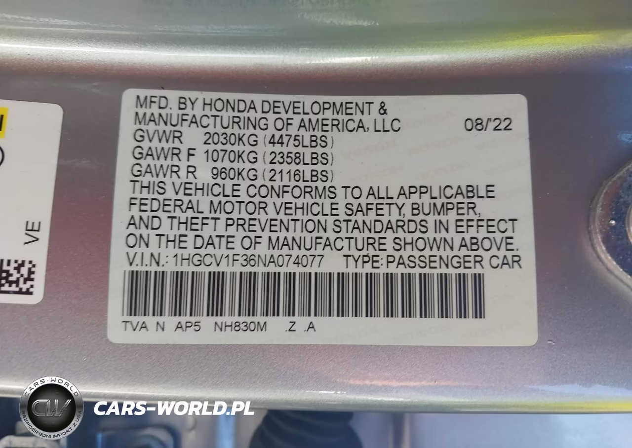2022 Honda Accord Sport VIN:1HGCV1F36NA074077 - 9