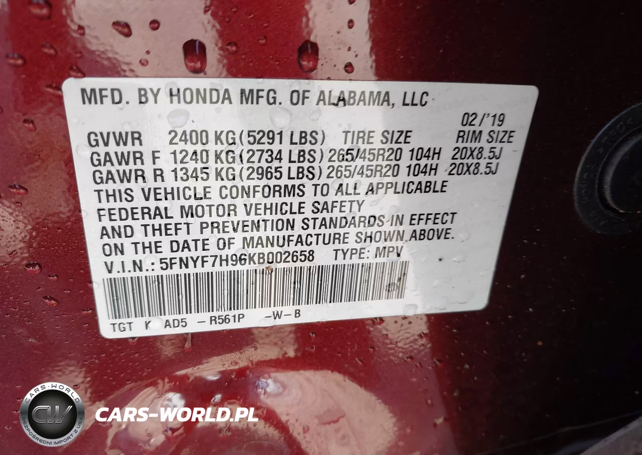 2019 Honda Passport Touring VIN:5FNYF7H96KB002658 - 9