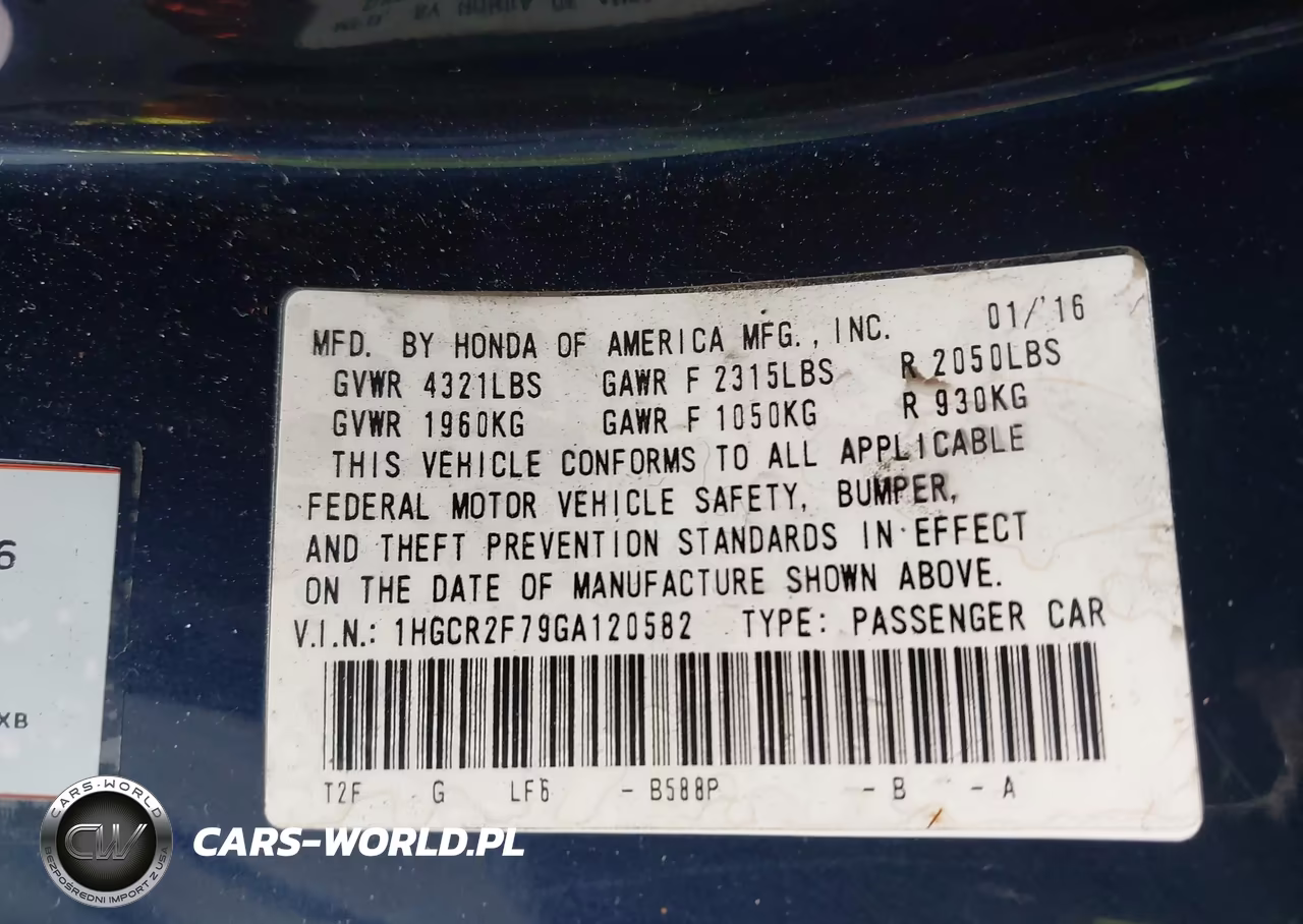2016 Honda Accord Ex VIN:1HGCR2F79GA120582 - 9