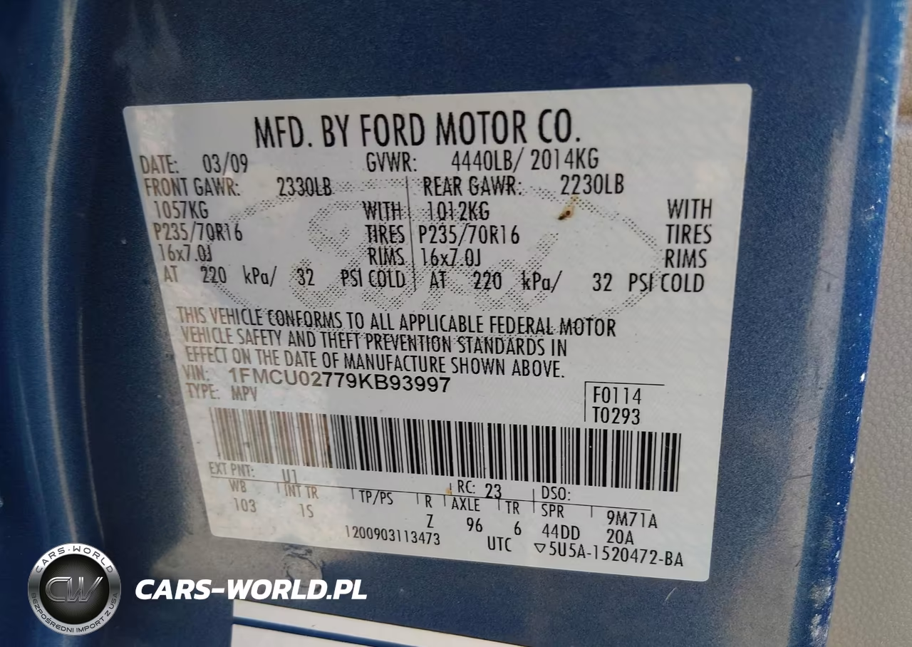 2009 Ford Escape Xls-Xls Manual VIN:1FMCU02779KB93997 - 9