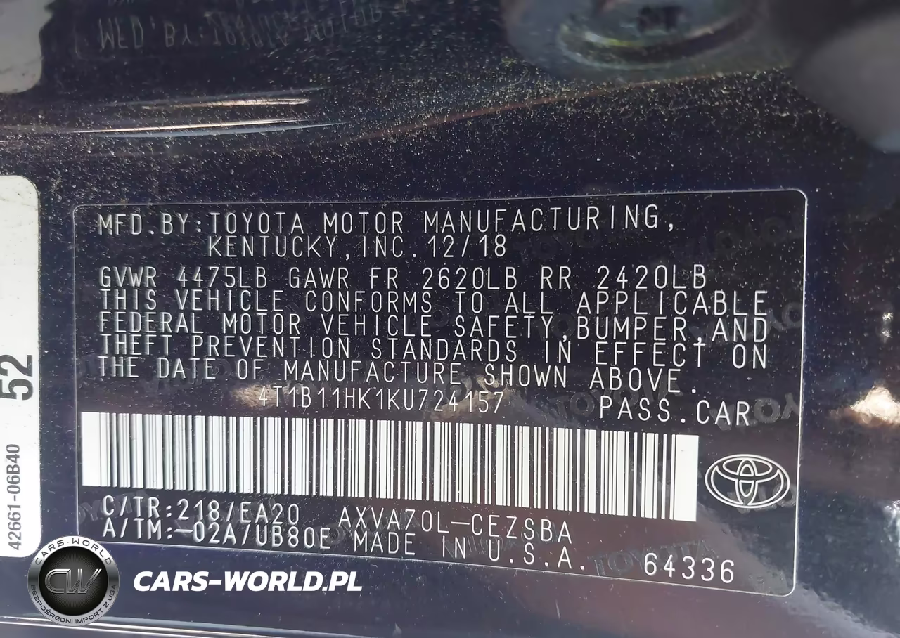 2019 Toyota Camry Se VIN:4T1B11HK1KU724157 - 9