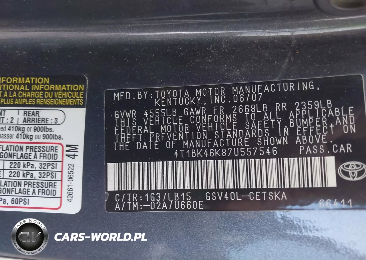 2007 Toyota Camry Se V6 VIN:4T1BK46K87U557546 - 9