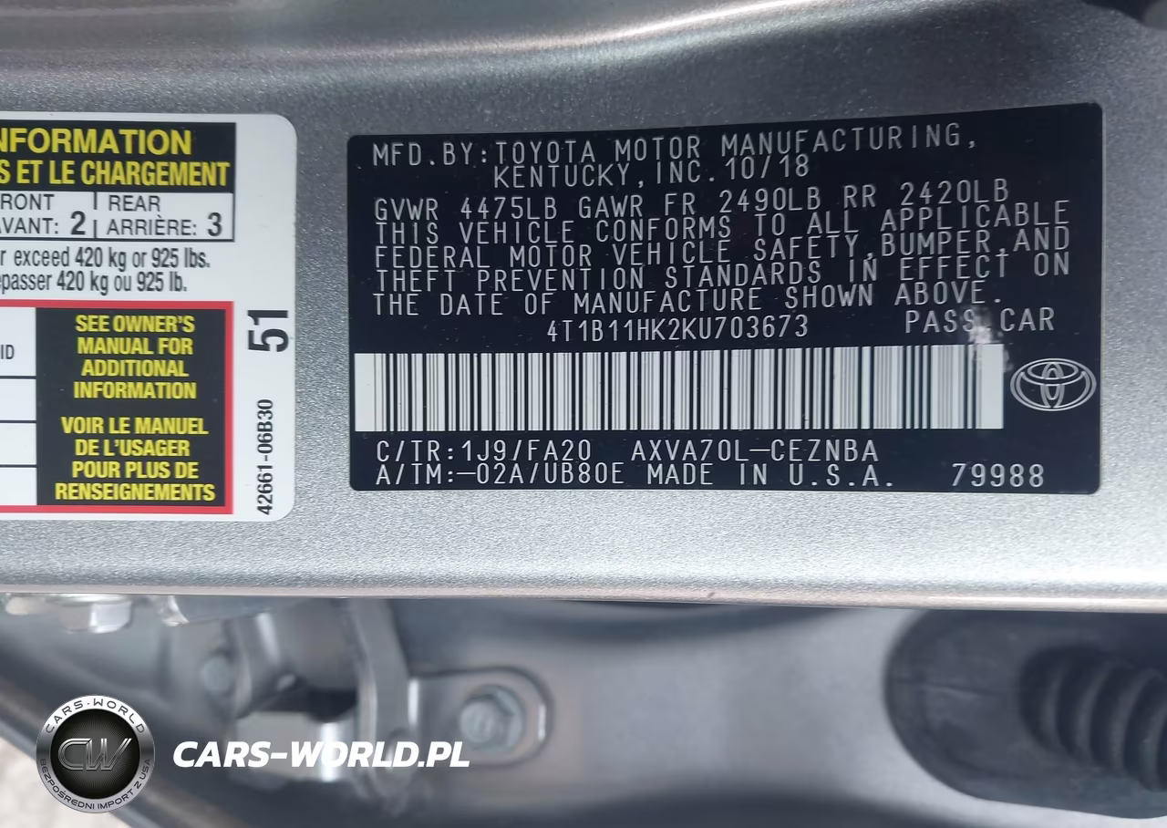 2019 Toyota Camry Le VIN:4T1B11HK2KU703673 - 9