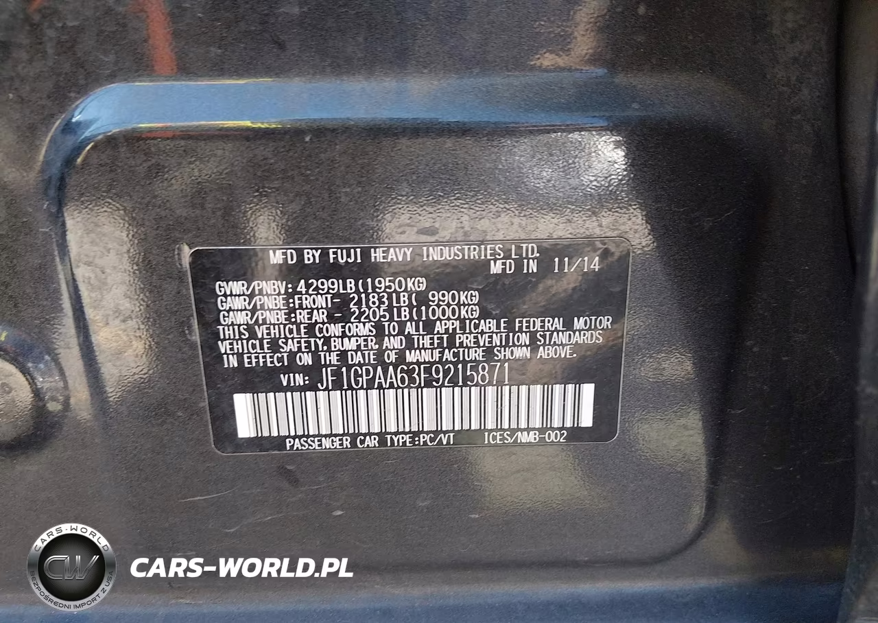 2015 Subaru Impreza 2.0I VIN:JF1GPAA63F9215871 - 9