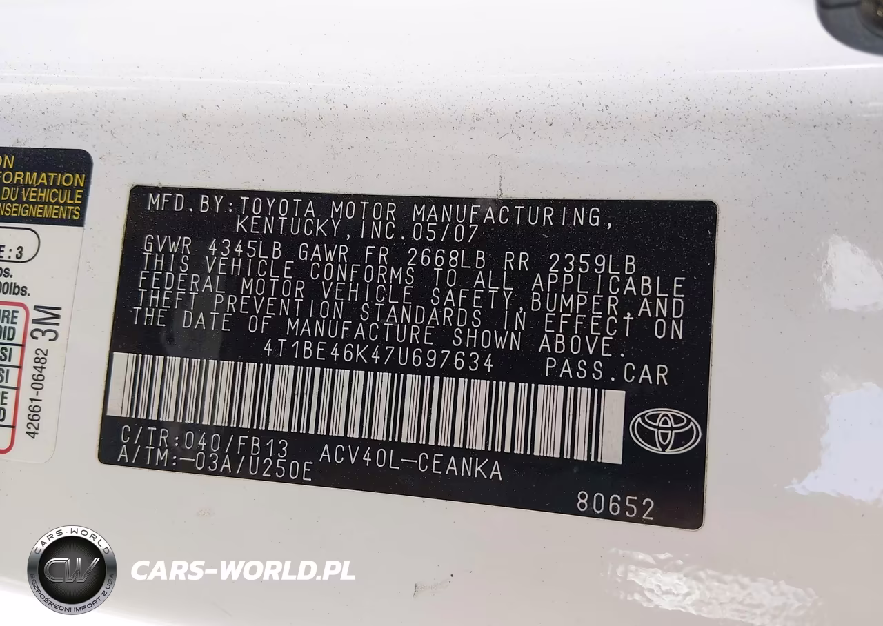 2007 Toyota Camry Le VIN:4T1BE46K47U697634 - 9