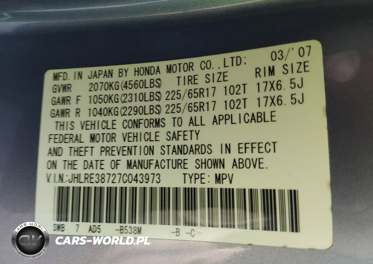 2007 Honda Cr-V Ex-L VIN:JHLRE38727C043973 - 9