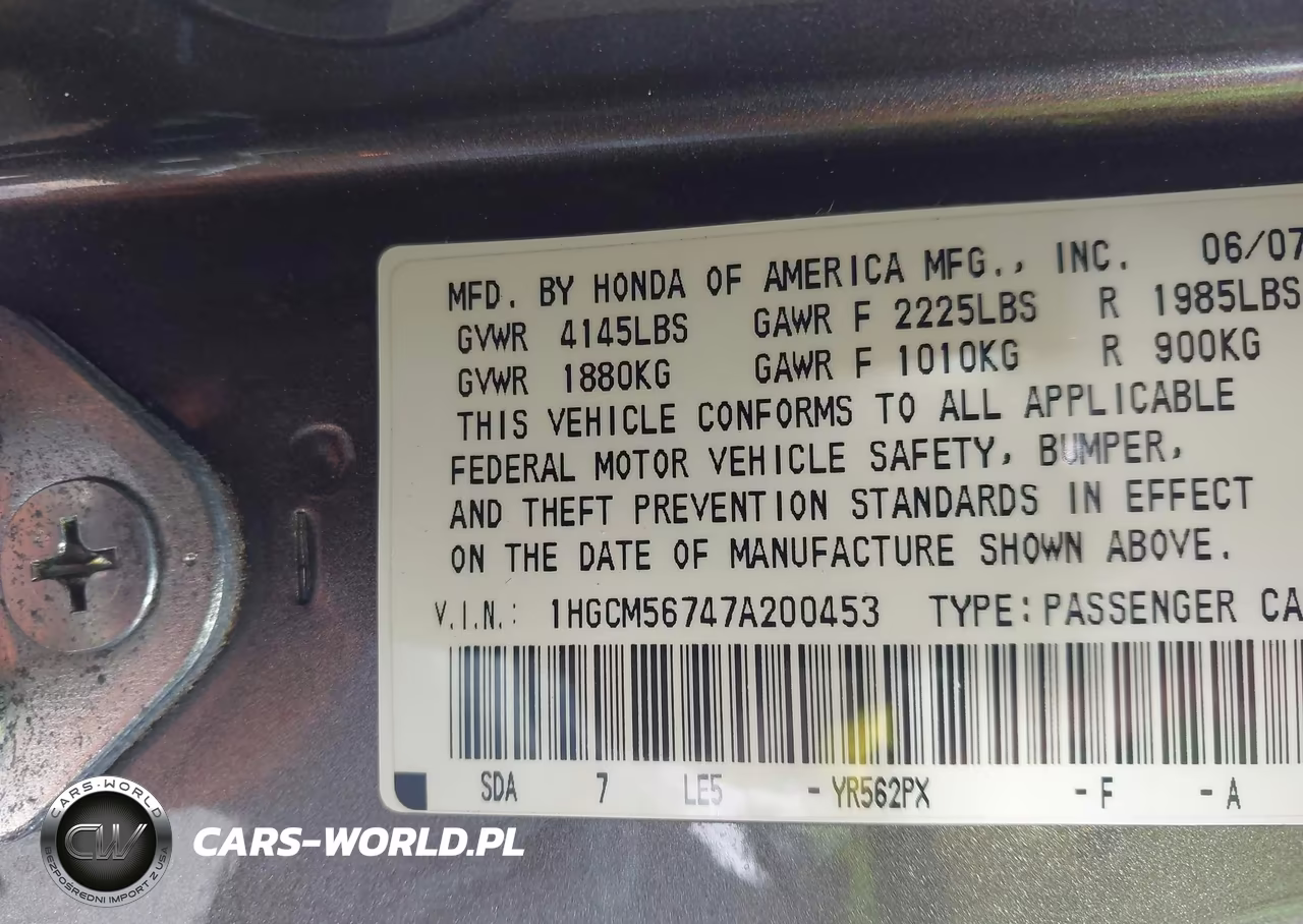 2007 Honda Accord 2.4 Ex VIN:1HGCM56747A200453 - 9