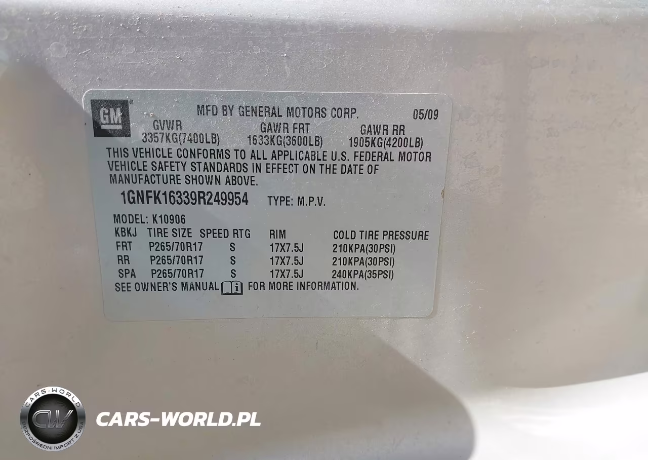 2009 Chevrolet Suburban 1500 Commercial Fleet VIN:1GNFK16339R249954 - 9