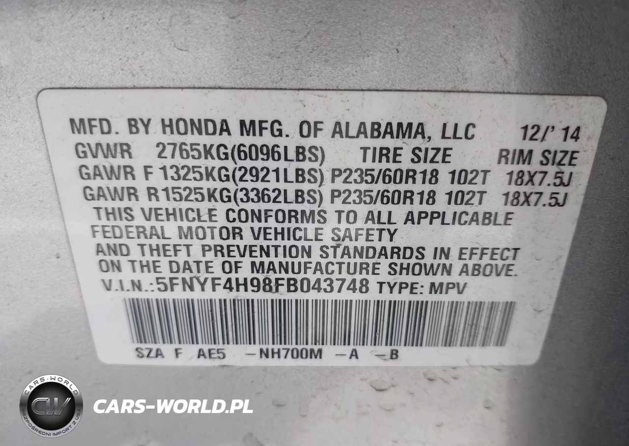 2015 Honda Pilot Touring VIN:5FNYF4H98FB043748 - 9