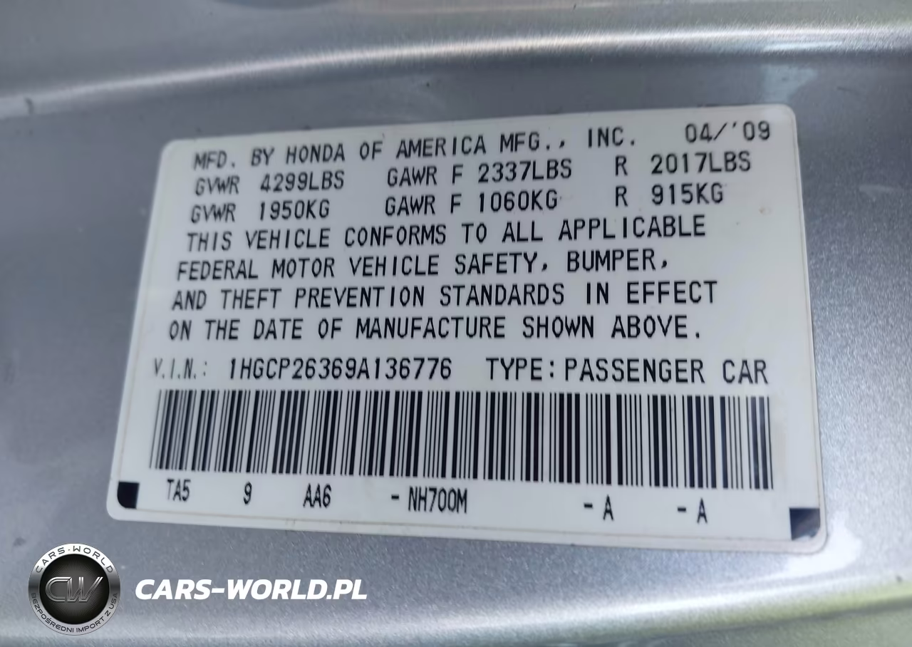 2009 Honda Accord 2.4 Lx VIN:1HGCP26369A136776 - 9