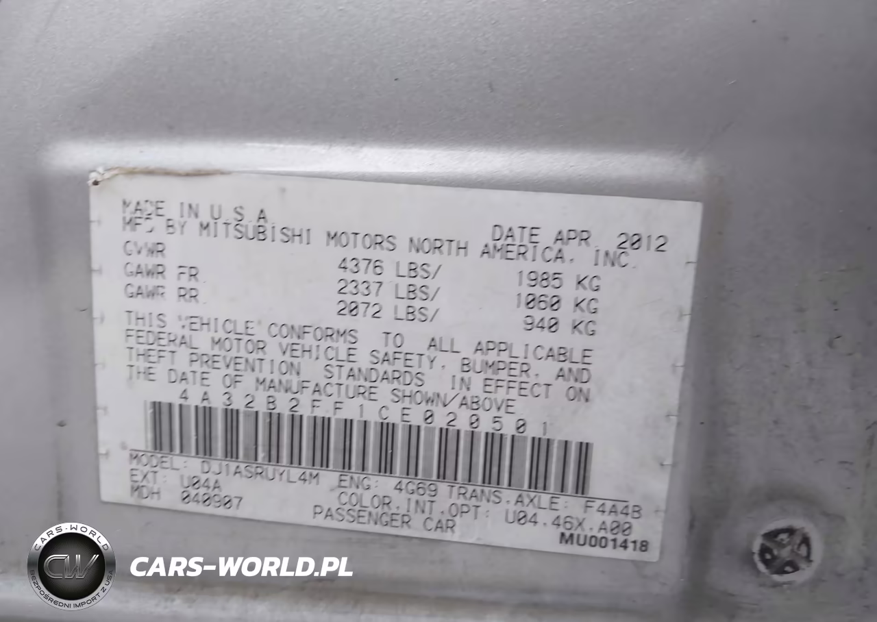 2012 Mitsubishi Galant Fe VIN:4A32B2FF1CE020501 - 9