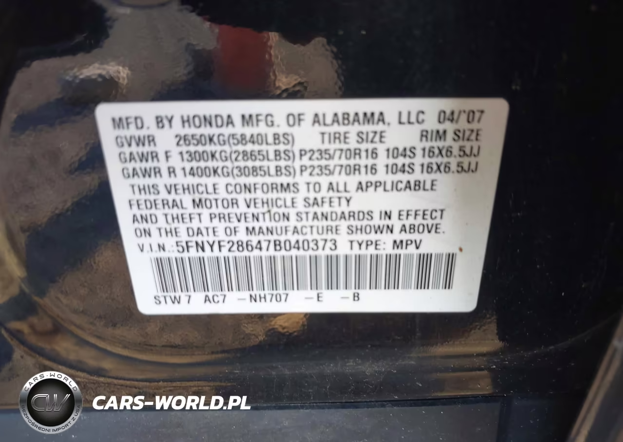 2007 Honda Pilot Ex-L VIN:5FNYF28647B040373 - 9
