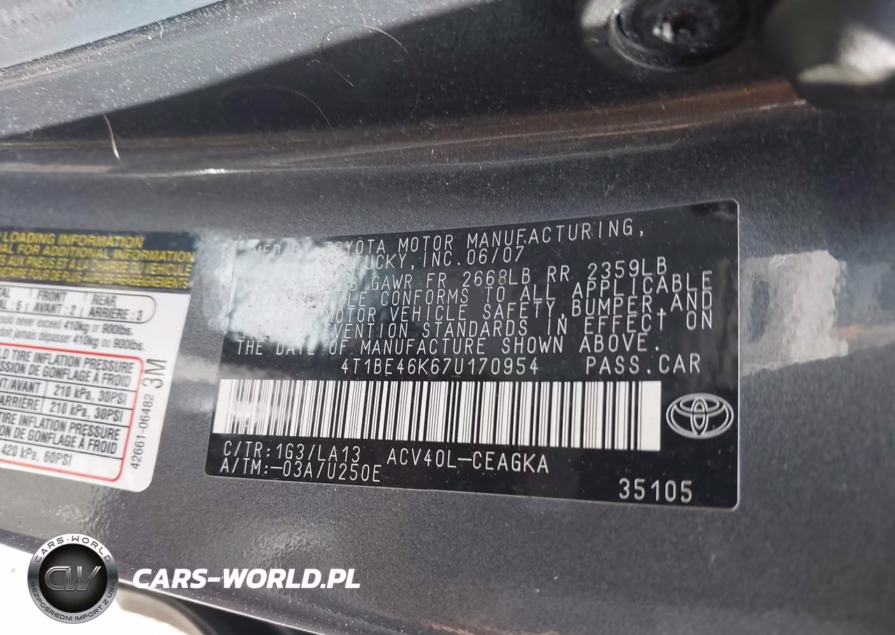 2007 Toyota Camry Xle VIN:4T1BE46K67U170954 - 9