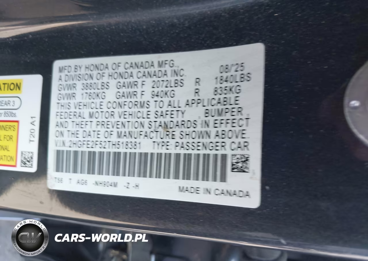 2026 Honda Civic Sport VIN:2HGFE2F52TH518381 - 9