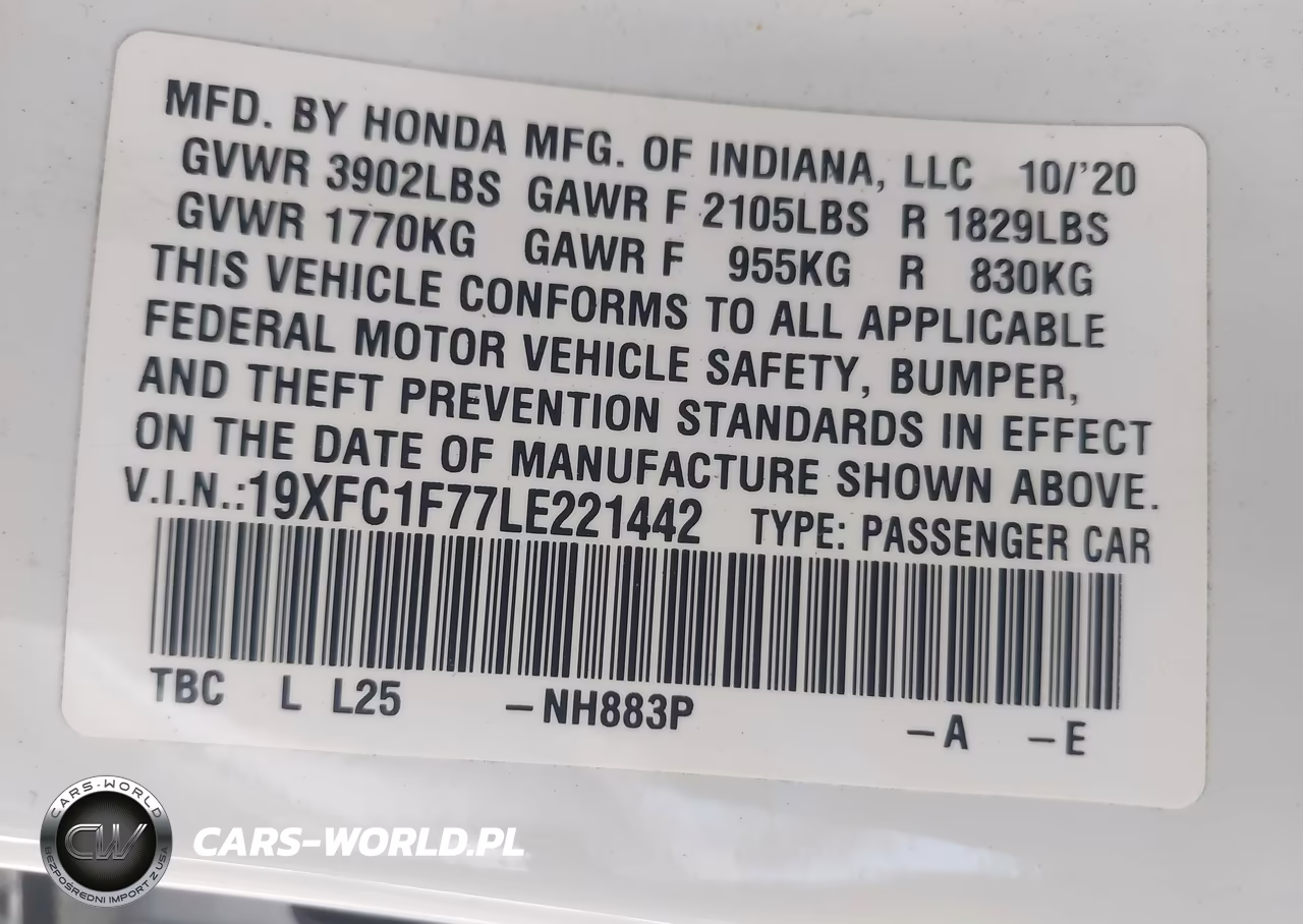 2020 Honda Civic Ex-L VIN:19XFC1F77LE221442 - 9