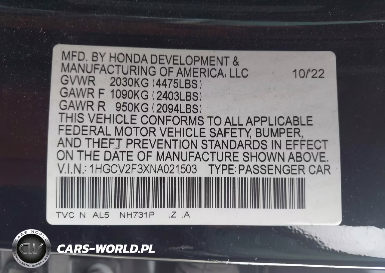 2022 Honda Accord Sport 2.0T VIN:1HGCV2F3XNA021503 - 9