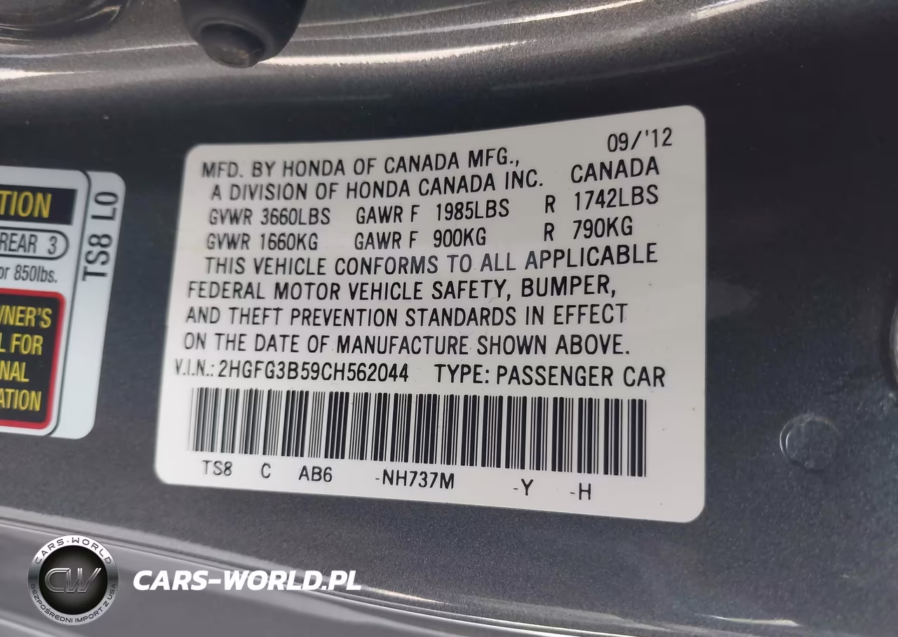 2012 Honda Civic Lx VIN:2HGFG3B59CH562044 - 8