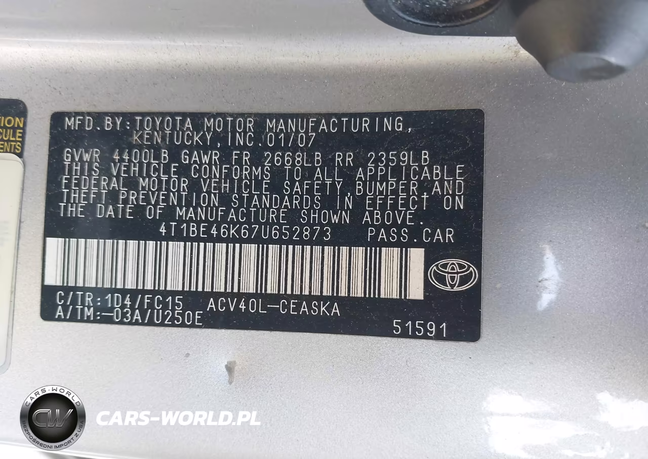 2007 Toyota Camry Se VIN:4T1BE46K67U652873 - 9
