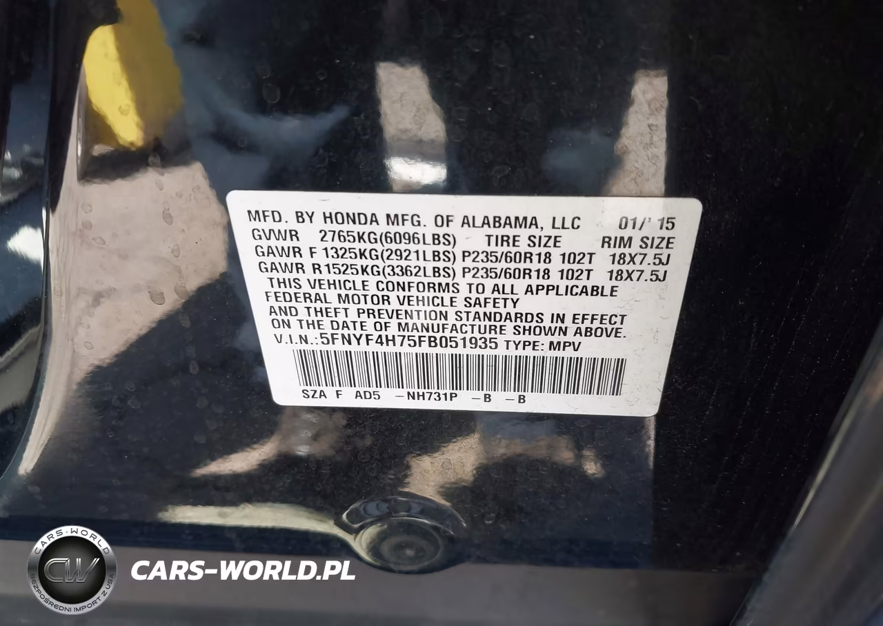 2015 Honda Pilot Ex-L VIN:5FNYF4H75FB051935 - 9