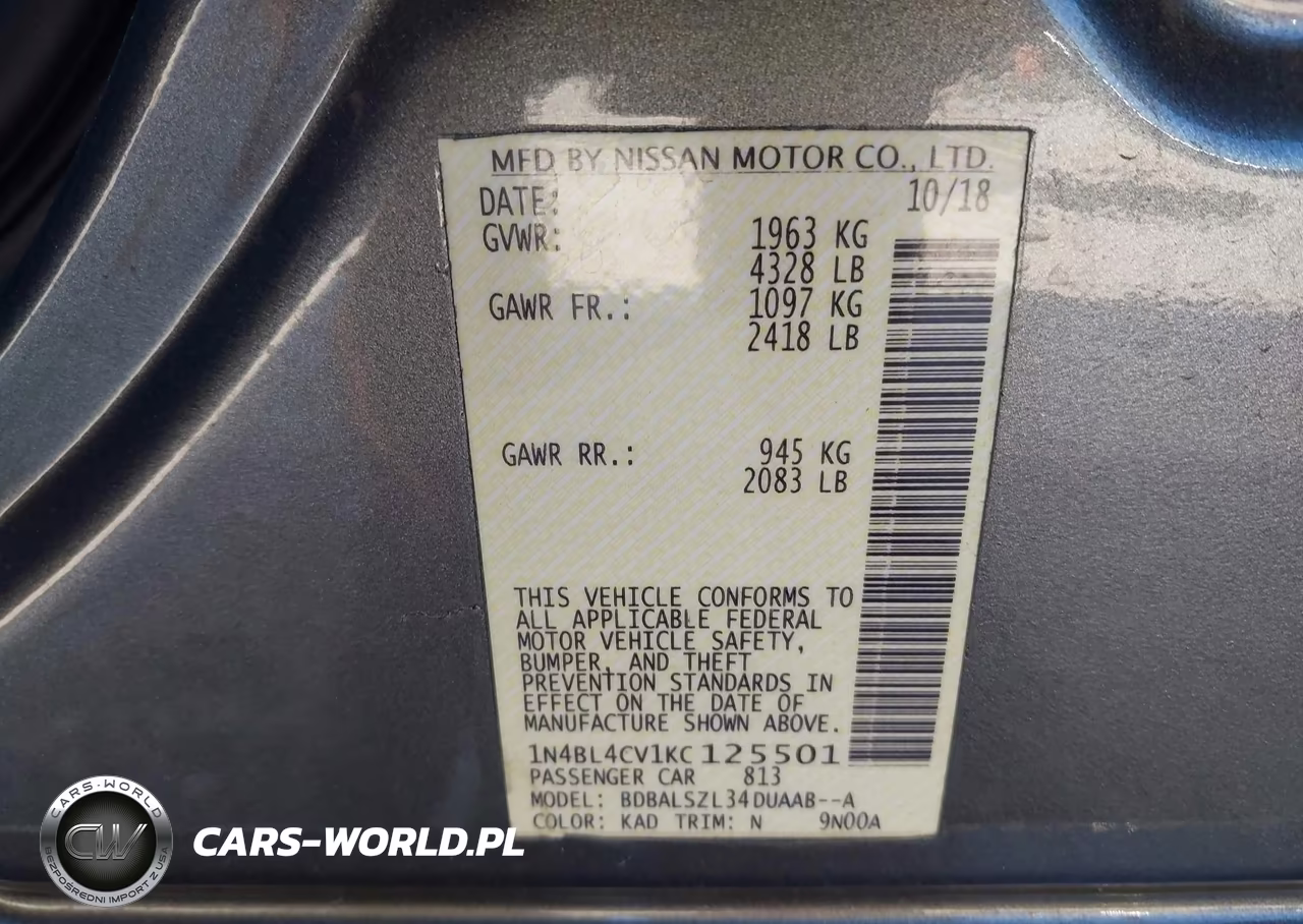 2019 Nissan Altima 2.5 Sr VIN:1N4BL4CV1KC125501 - 9