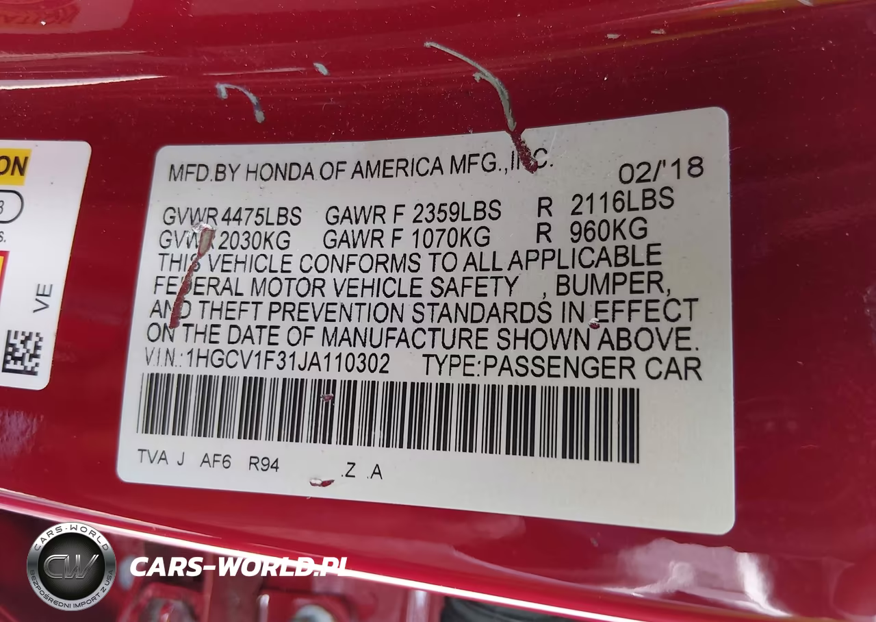 2018 Honda Accord Sport VIN:1HGCV1F31JA110302 - 9