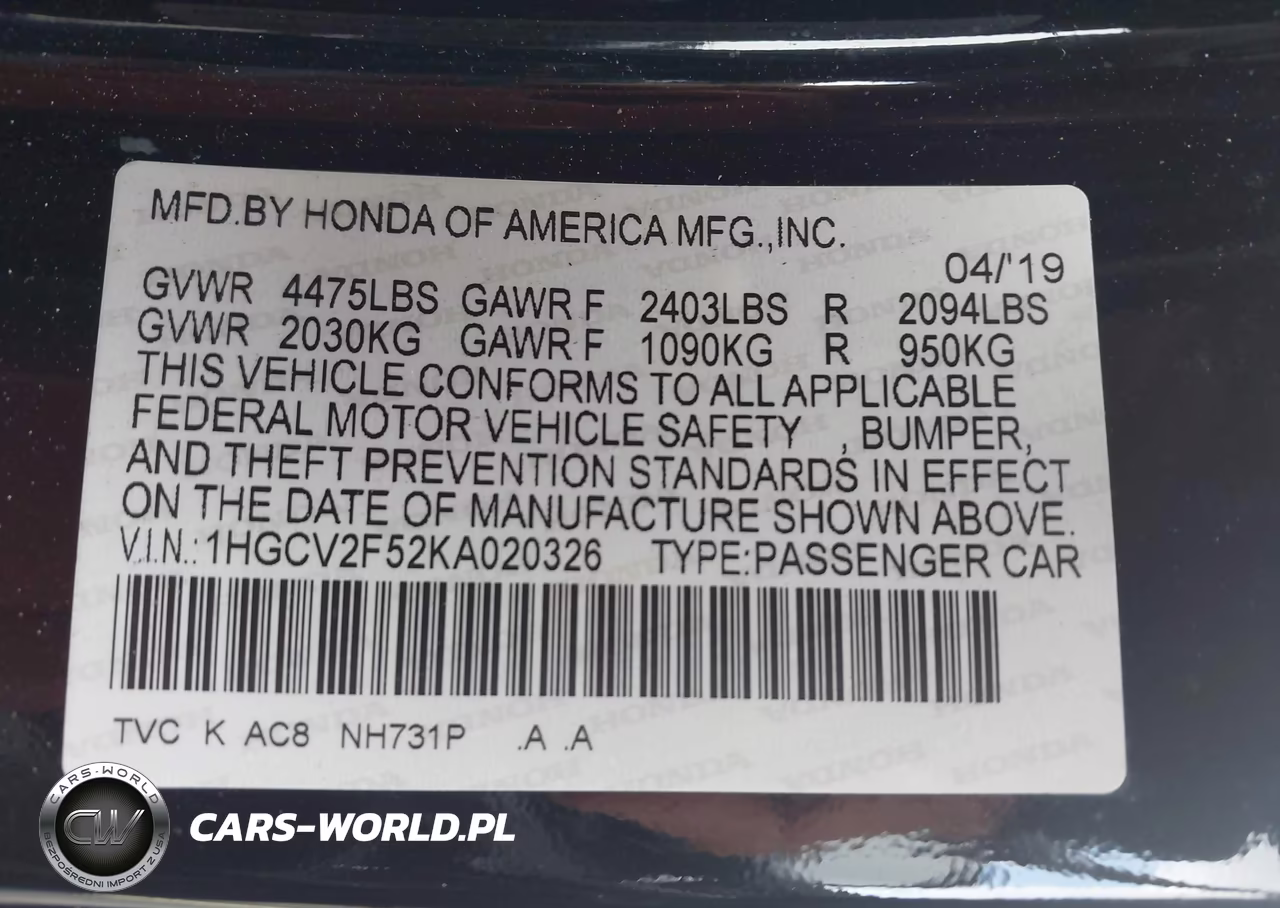 2019 Honda Accord Ex-L 2.0T VIN:1HGCV2F52KA020326 - 9
