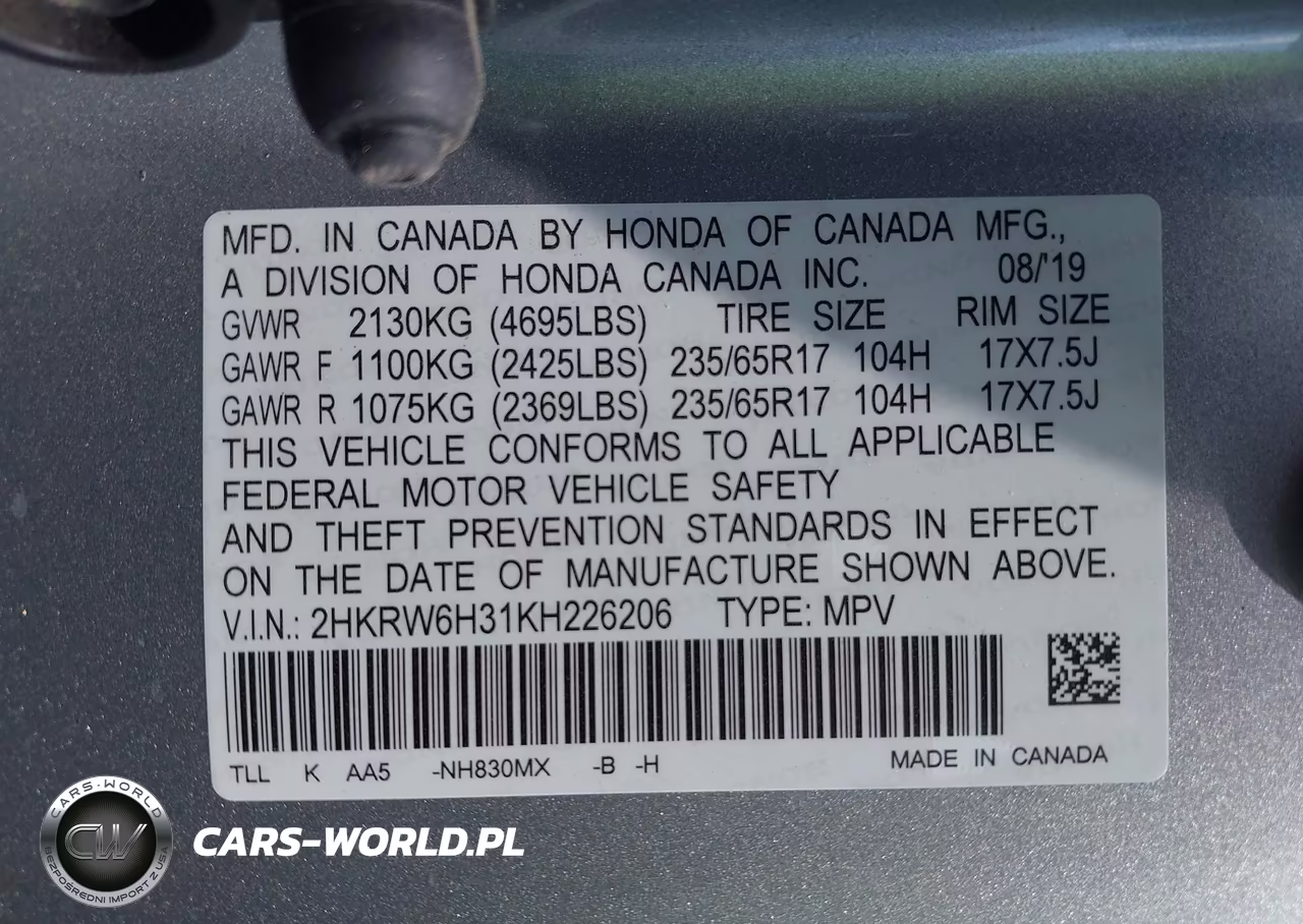 2019 Honda Cr-V Lx VIN:2HKRW6H31KH226206 - 9
