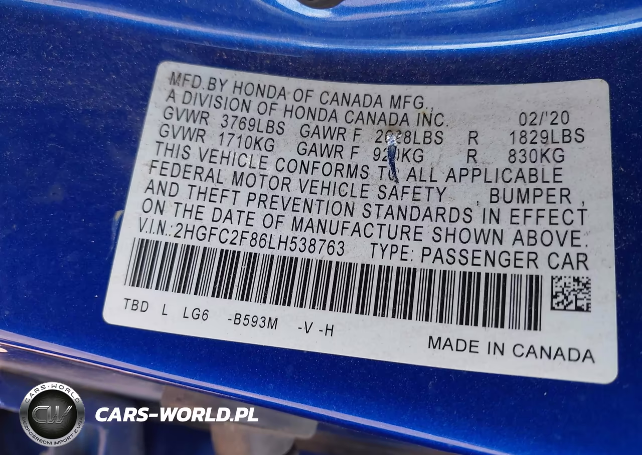 2020 Honda Civic Sport VIN:2HGFC2F86LH538763 - 9