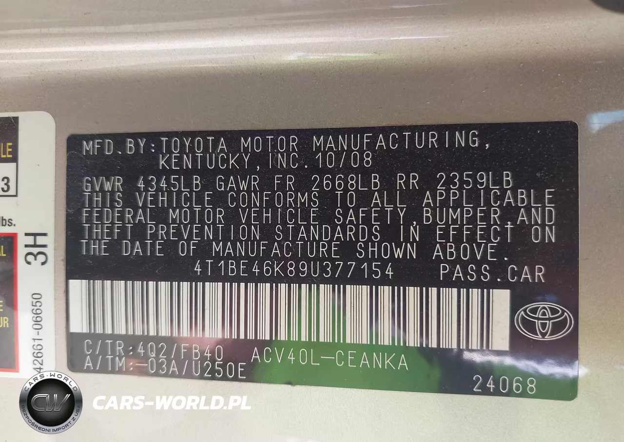 2009 Toyota Camry Le VIN:4T1BE46K89U377154 - 9