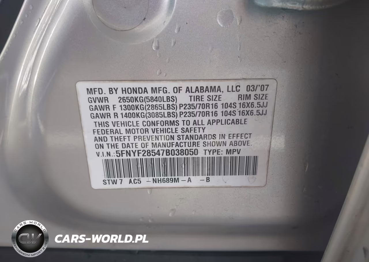 2007 Honda Pilot Ex-L VIN:5FNYF28547B038050 - 9